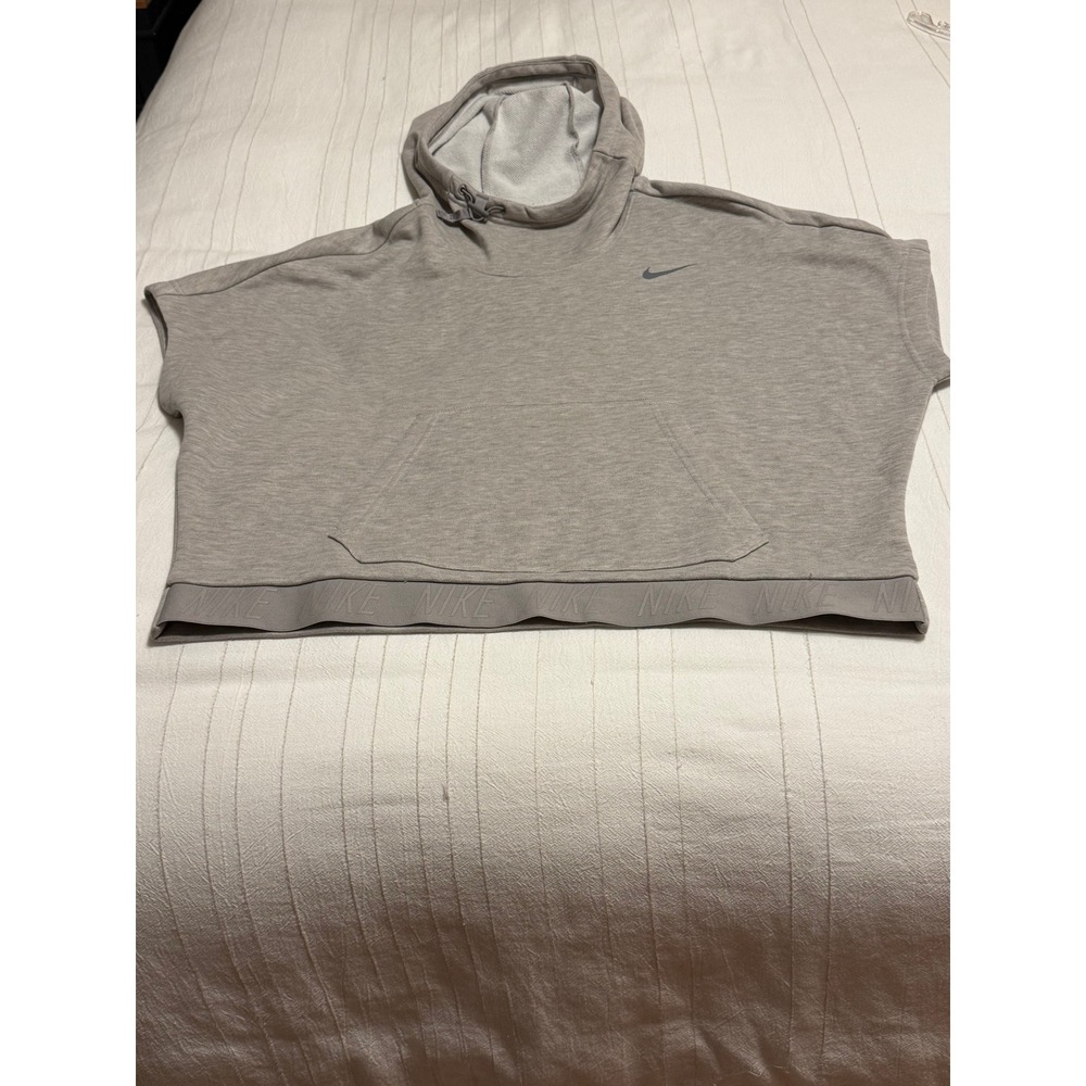 Nike Dri-FIT Cropped Hoodie Womens L Gray Short Sleeve Funnel Neck Logo Hem
